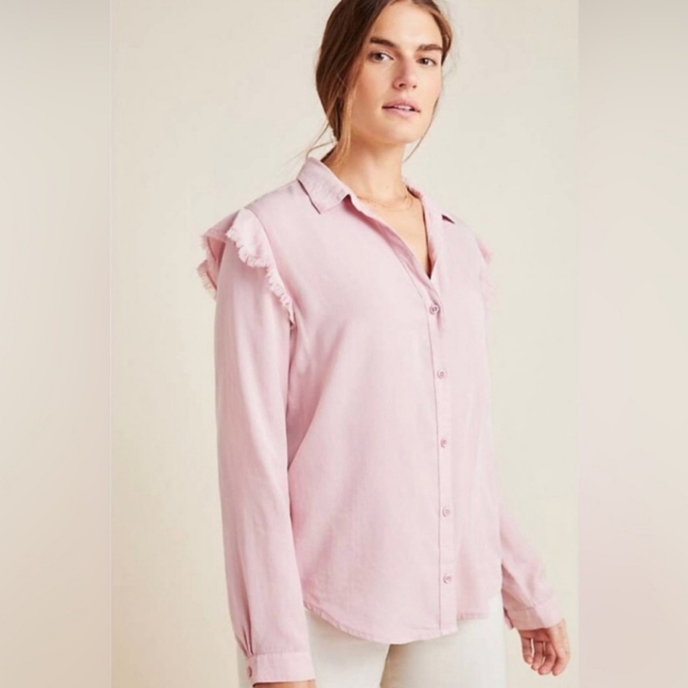Cloth and Stone Anthropologie Shirt Pink Tencel Ruffle Shoulder Long Sleeve